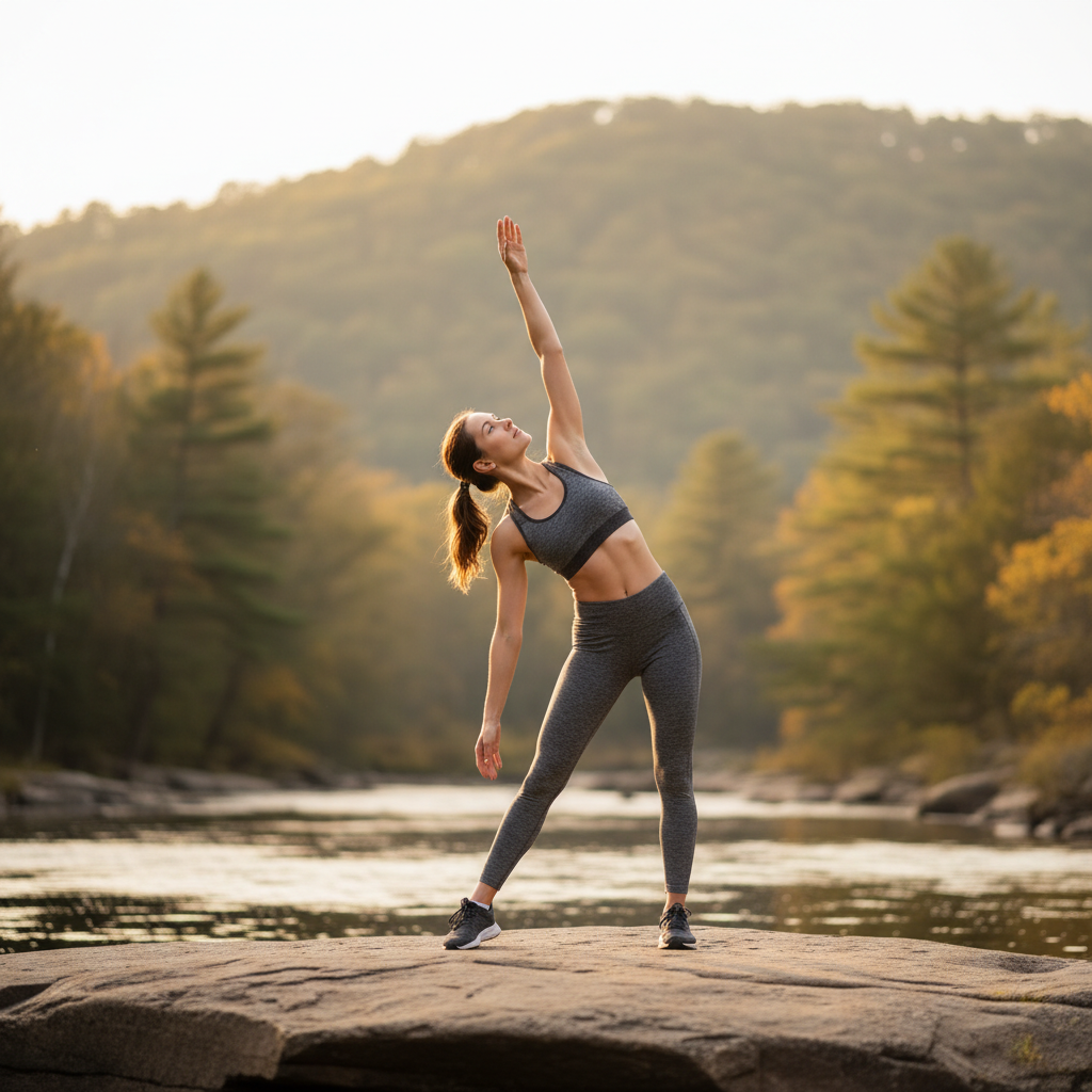 Persona realizando estiramientos suaves en la naturaleza